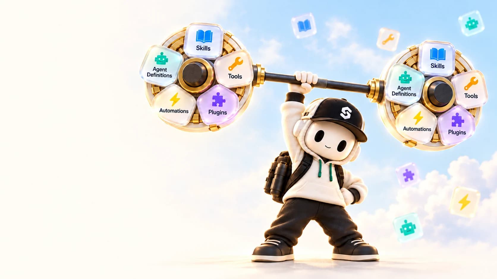 The Setup Craft mascot lifting a barbell made of the five setup pieces.